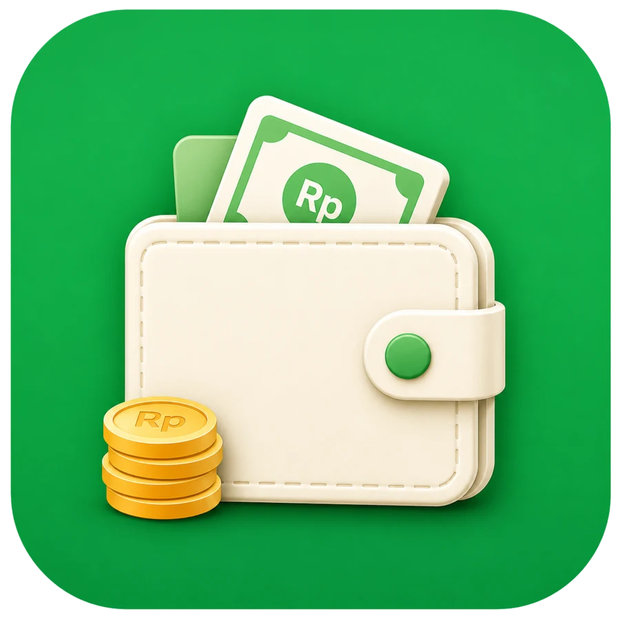 Dompet hijau BudgetKita dengan uang rupiah dan koin
