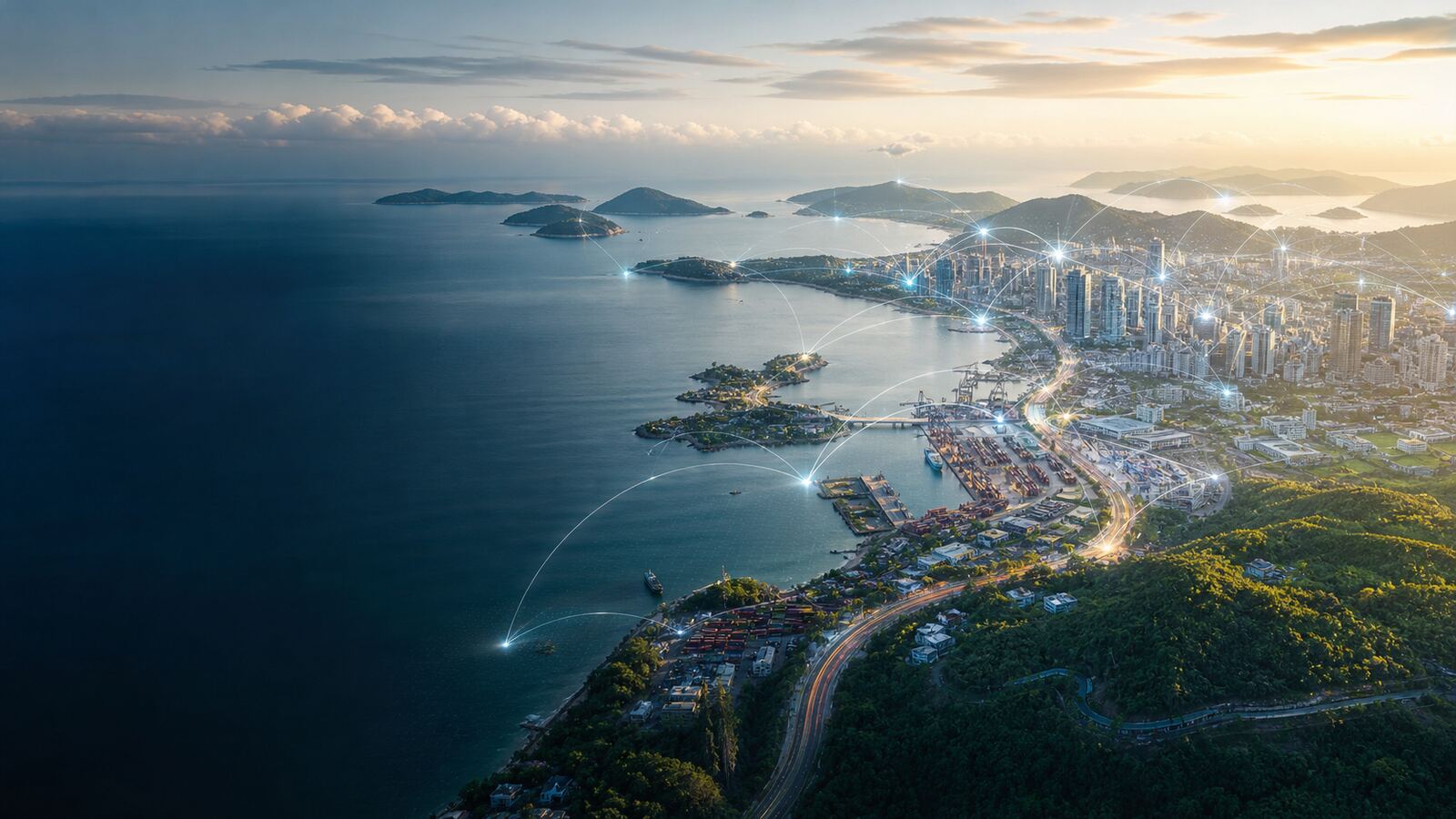 Connected Indonesian coastal city and islands with digital network paths